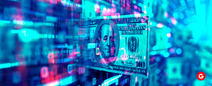 A dollar bill on blue background, symbolizing compound interest in forex trading.