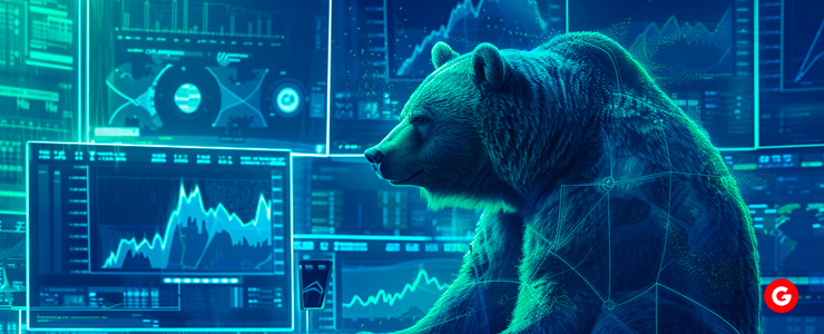 A bear analyzing forex futures strategies on a screen displaying graphs