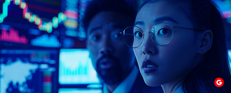 A woman and man sitting at a desk, looking at a computer screen together.