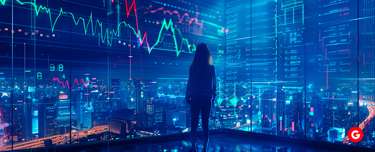 A man poses in front of a cityscape, featuring a stock market graph that highlights financial trends.