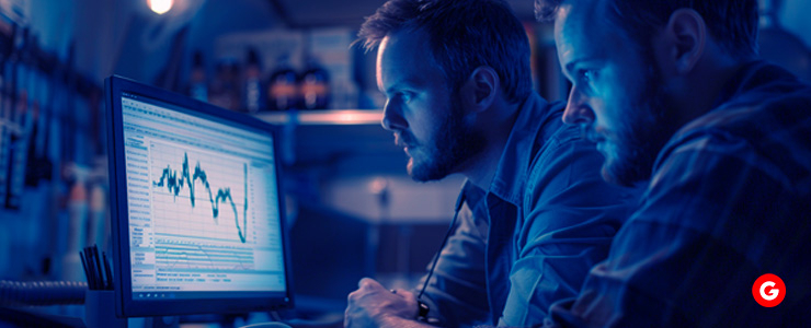 Two men focused on a computer screen featuring a chart, collaborating on insights derived from the data.