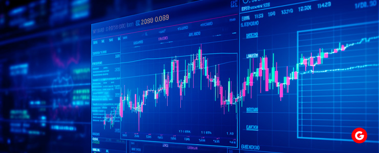 A digital stock chart on a computer monitor, showcasing various financial data and market performance indicators.