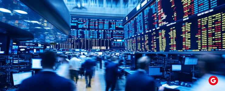 Individuals walking by a stock market board, showcasing real-time updates on stock prices and market performance.