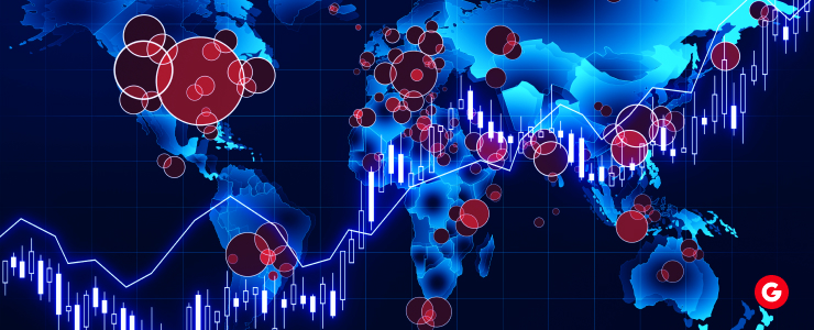 A world map illustrating forex trading time zones with dots and arrows indicating market activity across regions.